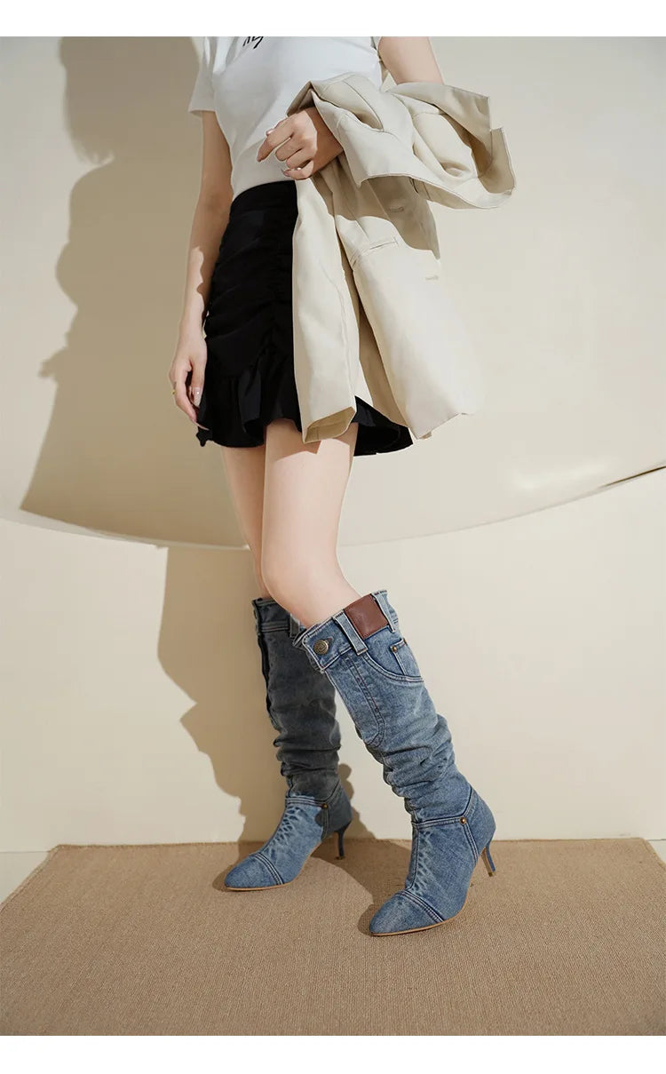 Denim Long Boots Women Knee Boots New 2025 Autumn Winter High Heels Retro Western Hot Girl Cowboy Boots Lady Modern Boot Botas