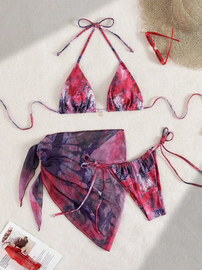 New Women's Retro Floral Print Apron Style Bikini Set 3 Piece High Waisted Tie Side Swimsuit Beach Vacation Swimsuit Biquine