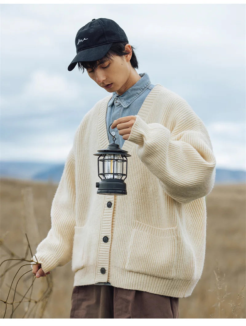 Autumn Men's Casual Textured Pockets Cardigan Y2K Vintage Streetwear V-neck Knitted Sweaters Korean Fashion Cardigans Hombre