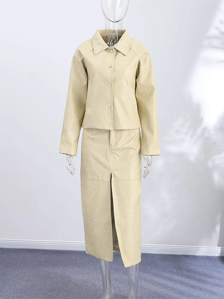 Women's Skirt Sets Crocodile Faux Leather Lapel Long Sleeve Button Oversized Jackets Straight Skirts Autumn Female Loose Outfits
