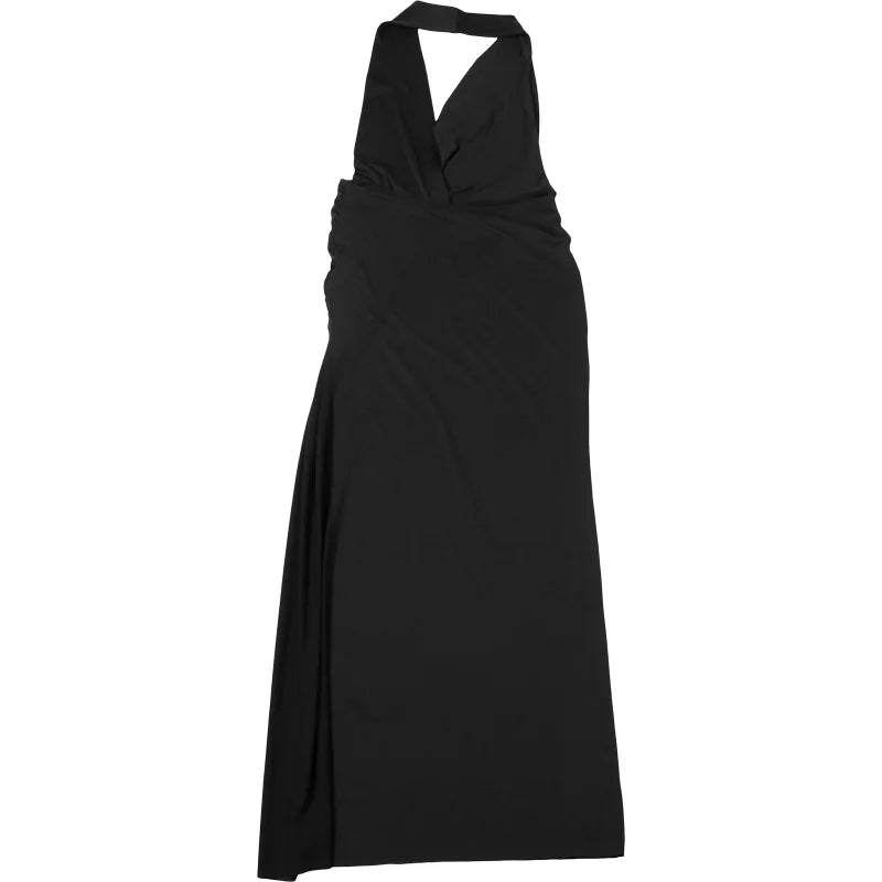 Women Solid Elegant Sexy Halter Backless Maxi Evening Party Dress Draped Deep V Neck Sleeveless High Split Long Robe Clubwear