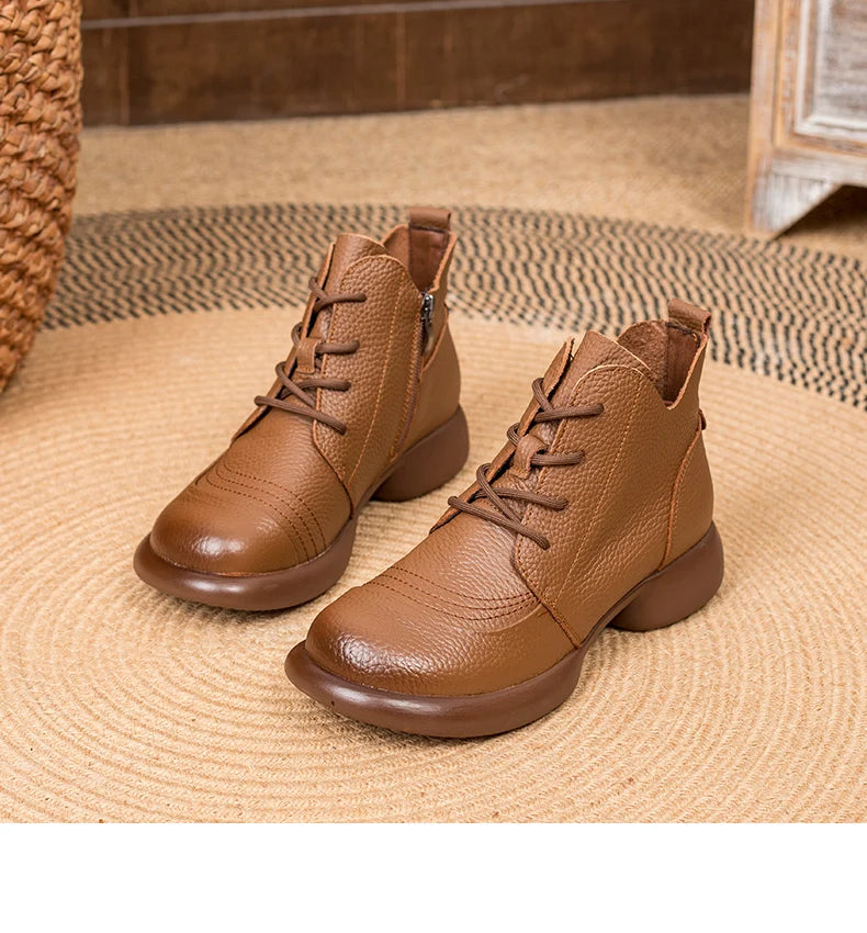 GKTINOO Women Autumn Boots Cowhide Ankle Boots 2025 Winter Retro Casual Genuine Leather Mother Boots Fur Keep Warm Low Heel 41