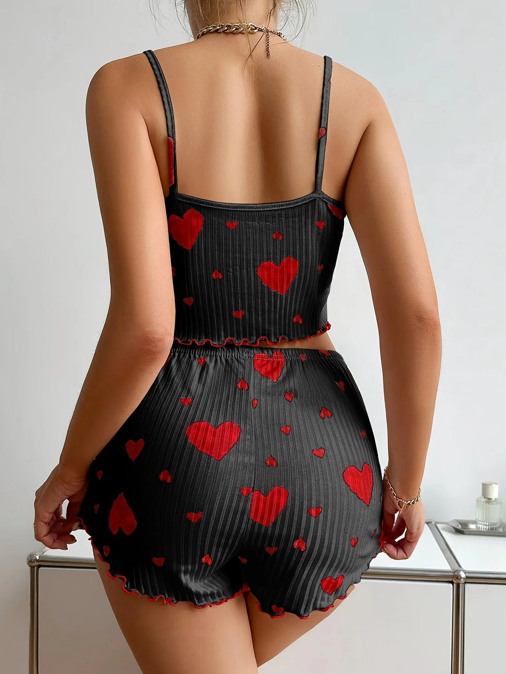 Women 2 Pieces Pajamas Set Homewear Heart Print Underwear Pijamas Sexy Lingerie Camisoles Shorts Sets Nighty Sleepwear