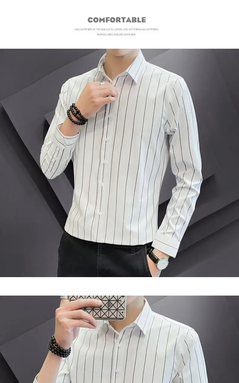 Stylish Men's Striped Shirt Printed Casual Business Dress Shirts Long Sleeve All-Match Slim Fit Fashion Korean Streetwear Shirts