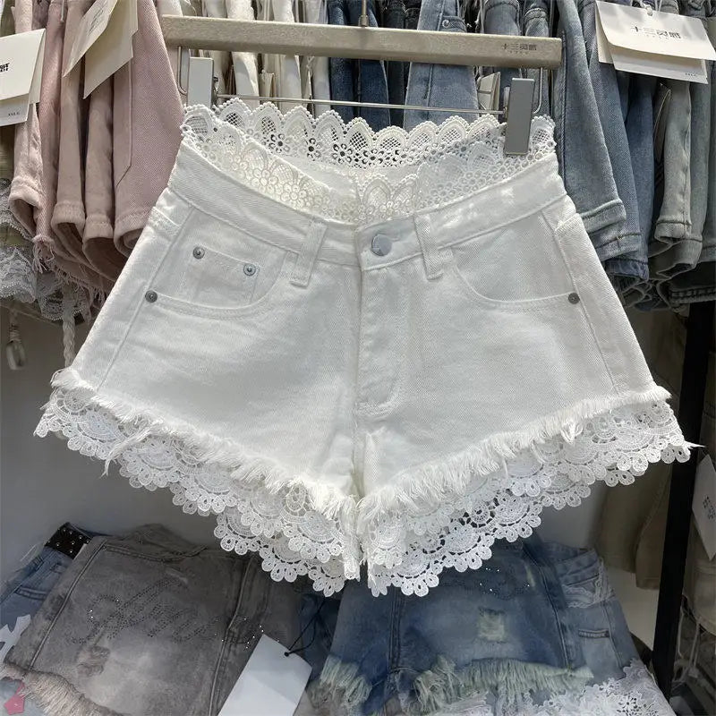 Light Blue Denim Shorts For Women High Waisted Raw Hem Lace Patchwork Petite Shorts Summer Casual Slim Fit Hot Pants