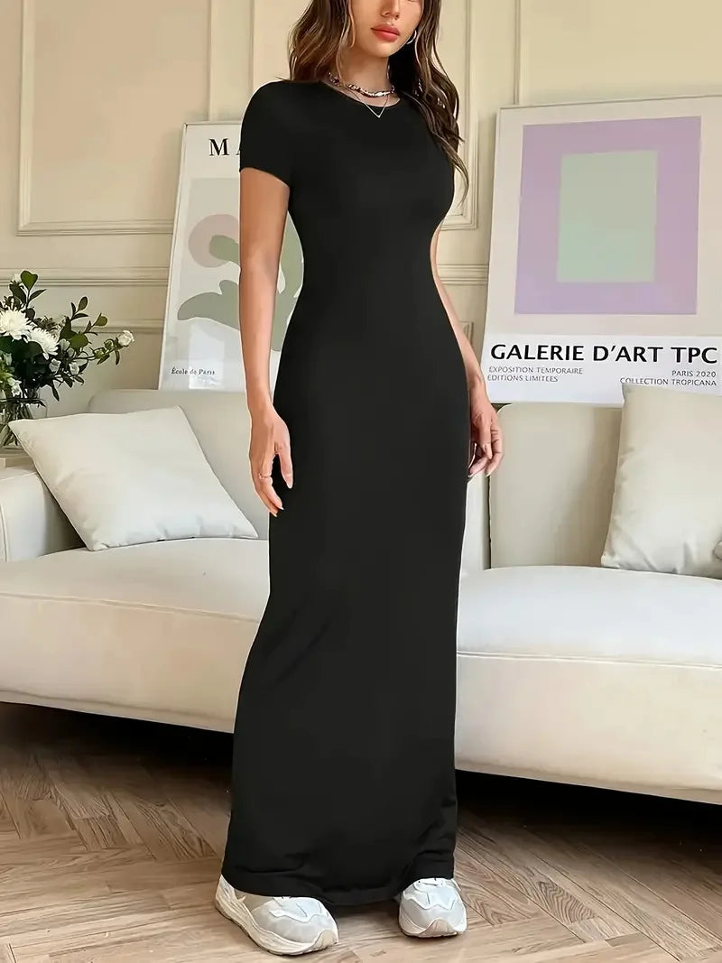 Short-sleeved Solid Color Slim Sexy Waisted Spring And Summer Temperament Dress Women's Round Neck Elegant Long Dress For Dinner