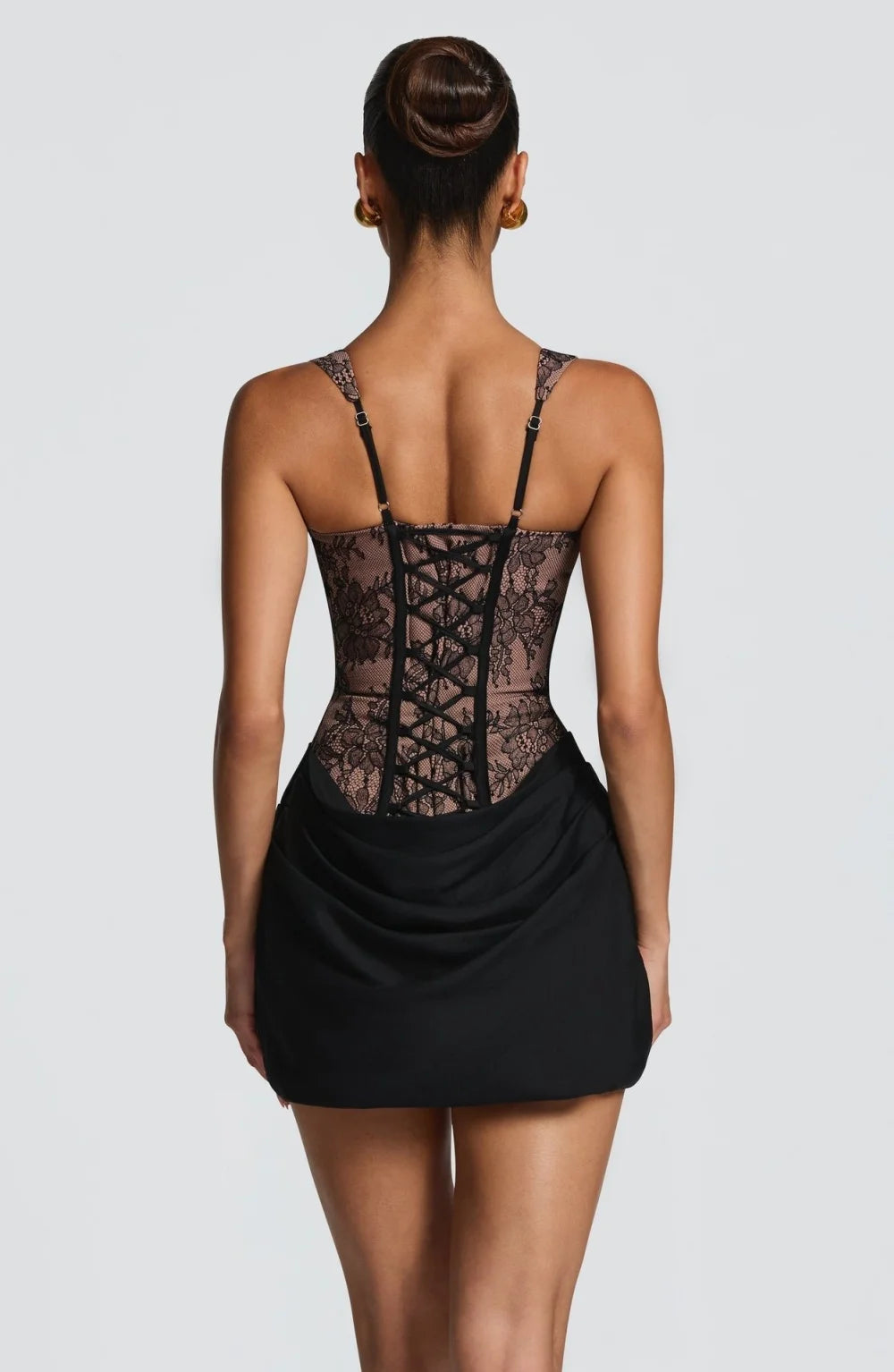 RLMABABY Sexy Lace Splice Ruched Women Mini Bodycon Dress Slim Square Collar Backless Corset Back Lace Up Club Party Short Dress