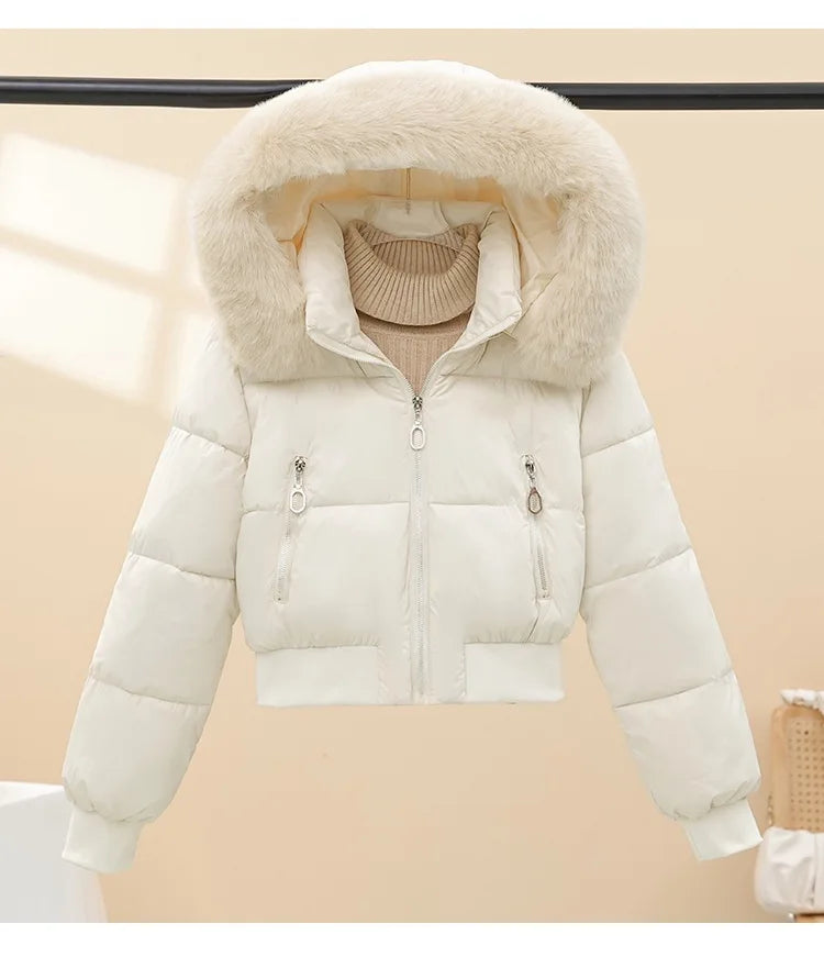 Winter Casual Versatile Cotton-Padded Jacket with Fur Collar Short Hooded Warm Coat New Style Women's Outdoor Puffer Jacket