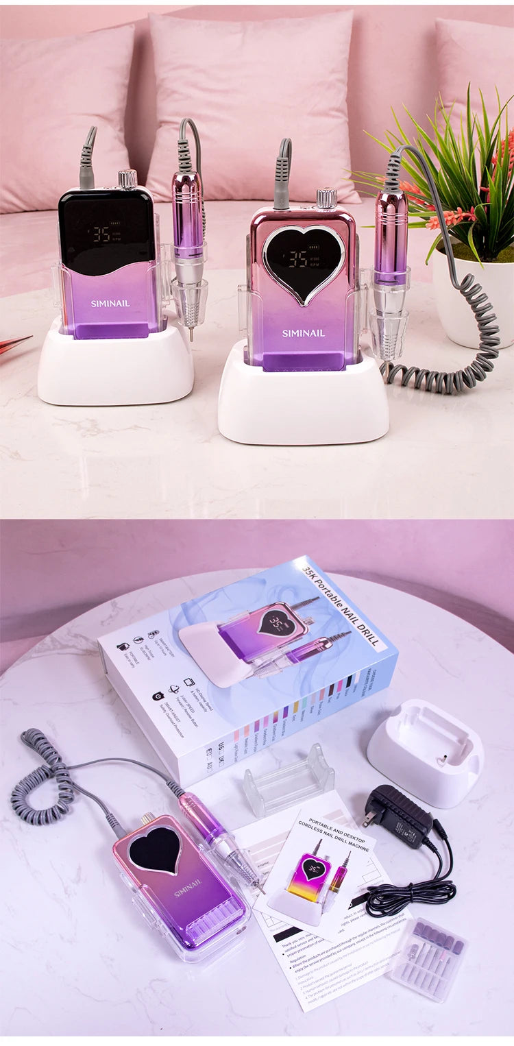 SIMINAIL Professional Nail Drill Machine 35000RPM Portable Electric Nail File Rechargeable Manicure Machine Set Efile Bit Kit