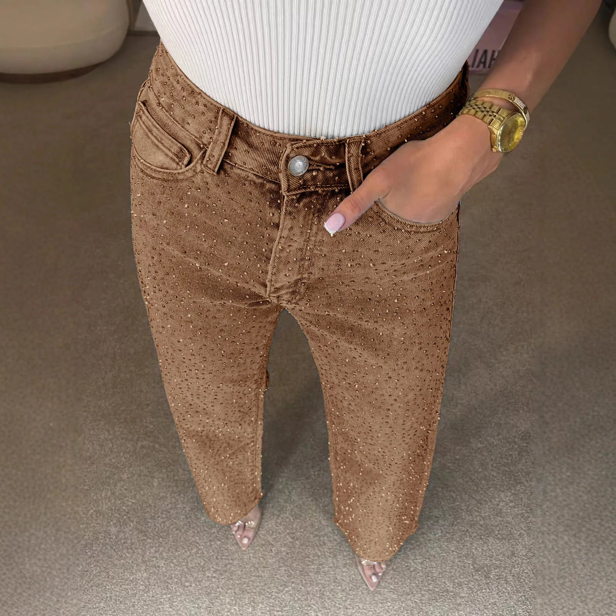 Women's Outfit Featuring Diamond-studded Washed Denim Pants Women's High-waisted Straight-leg Pants, and "hot Girl" Style Pants.