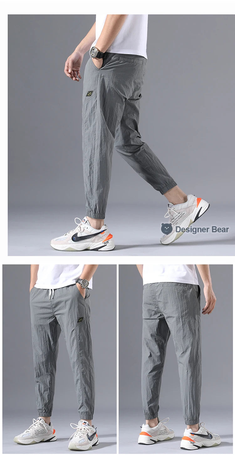 2026 Summer Thin Men's Wrinkled Fabric Loose Tapered Harem Pants Quick-Dry Elastic Cuff Casual Trousers Elastic Waist City Boy