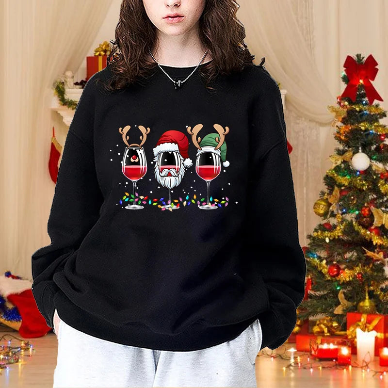 Autumn Winter Fashion Christmas Red Wine Glasses Woman Round Neck Pullover Christmas Casual Loose Sweater Red Wine Glasses Top