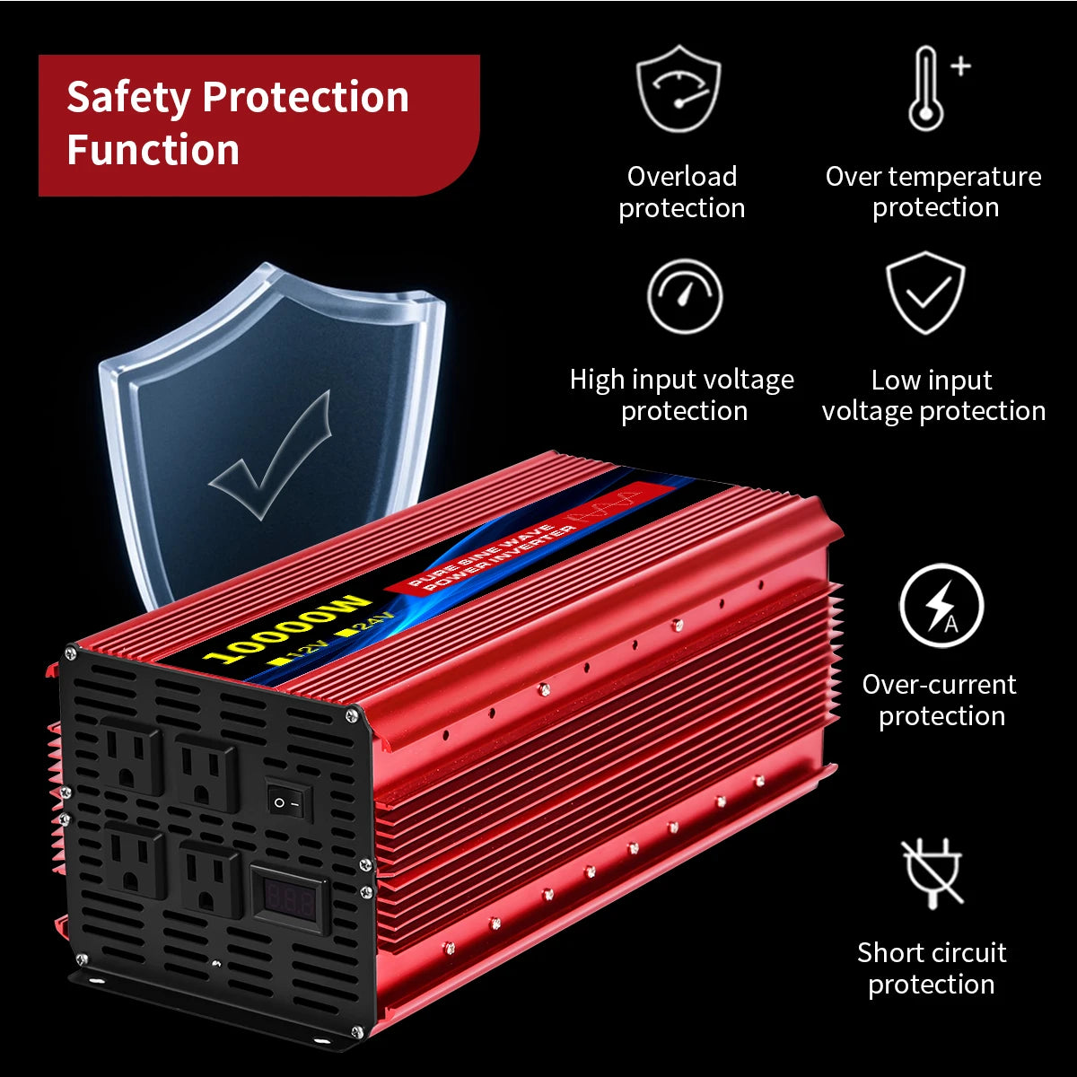 Power Inverter 10000W DC 12V to AC 110V 60HZ Pure Sine Wave Inverter with LCD Display Remote Control 4AC Outlets