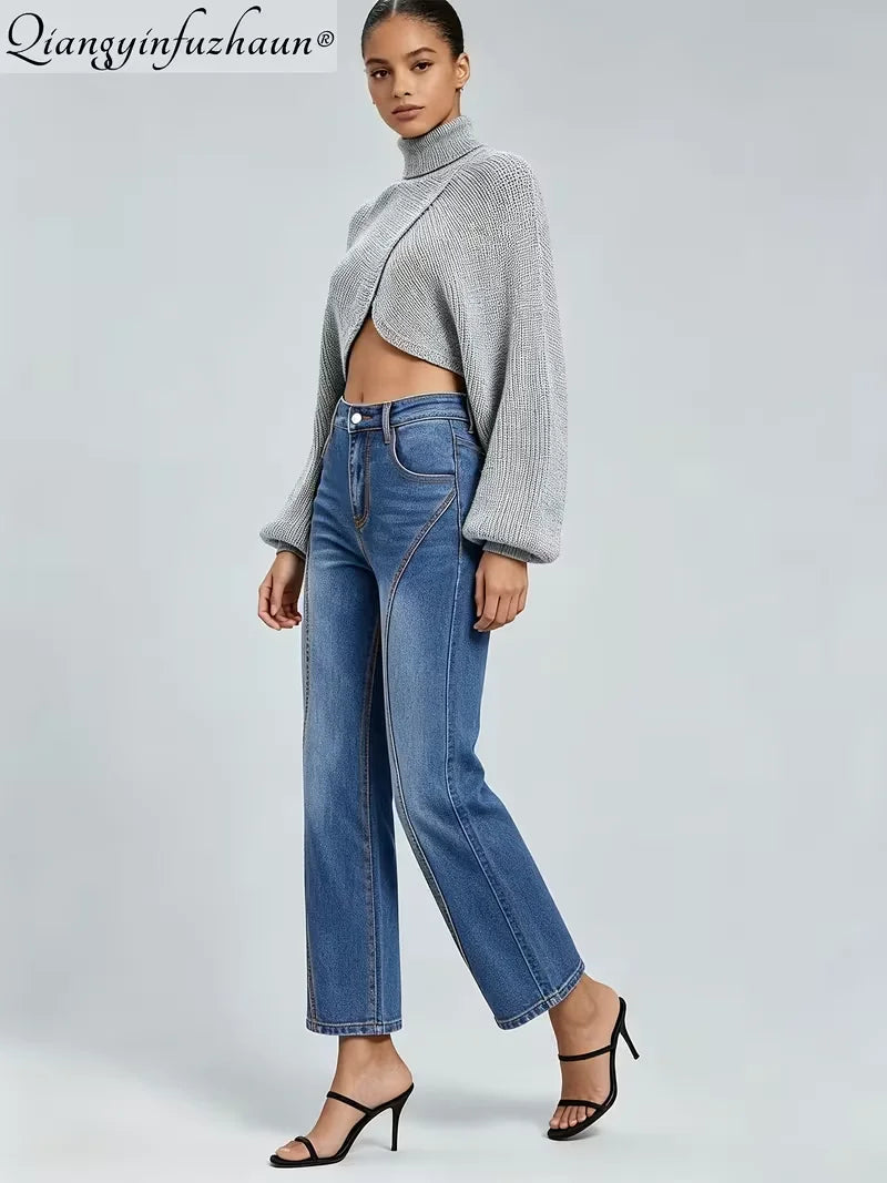 Small-scale design wash denim straight-leg pants for women, S-shaped spliced style, fits well, slimming effect, suitable for dai