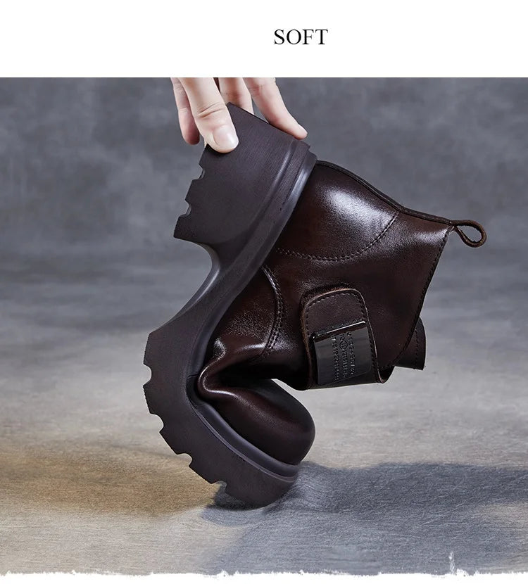 DRKANOL Wide Head Design Women Platform Boots Autumn Winter Warm Thick High Heel Hool And Loop Metal Genuine Leather Ankle Boots