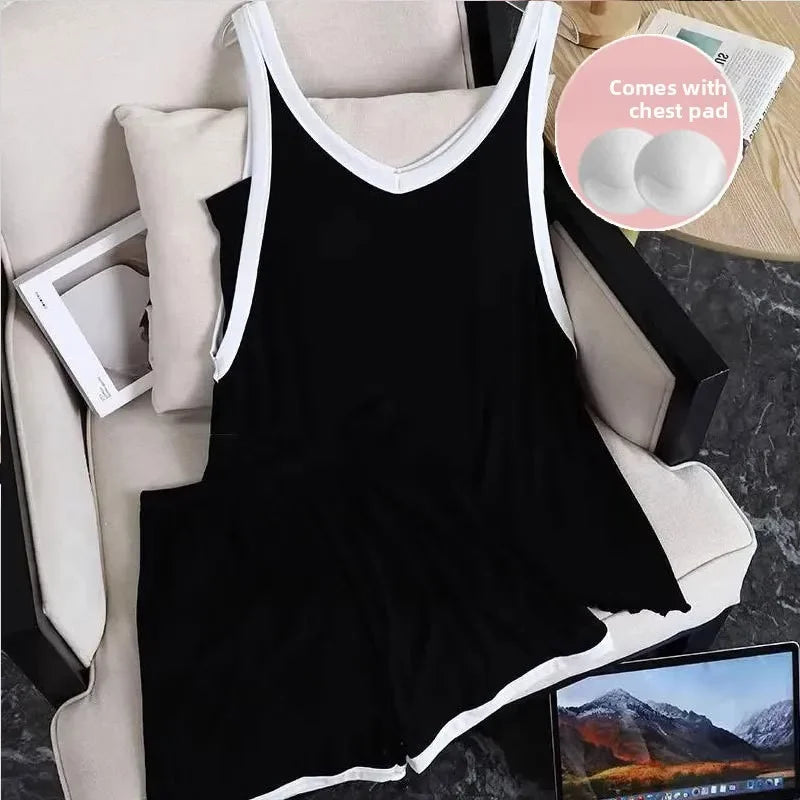 Women Sleeveless Summer Casual 2/pce Set Girls Spaghetti Strap Vest Shorts Outfit Lady Color Blocked Bra Pad Fashion Loungewear