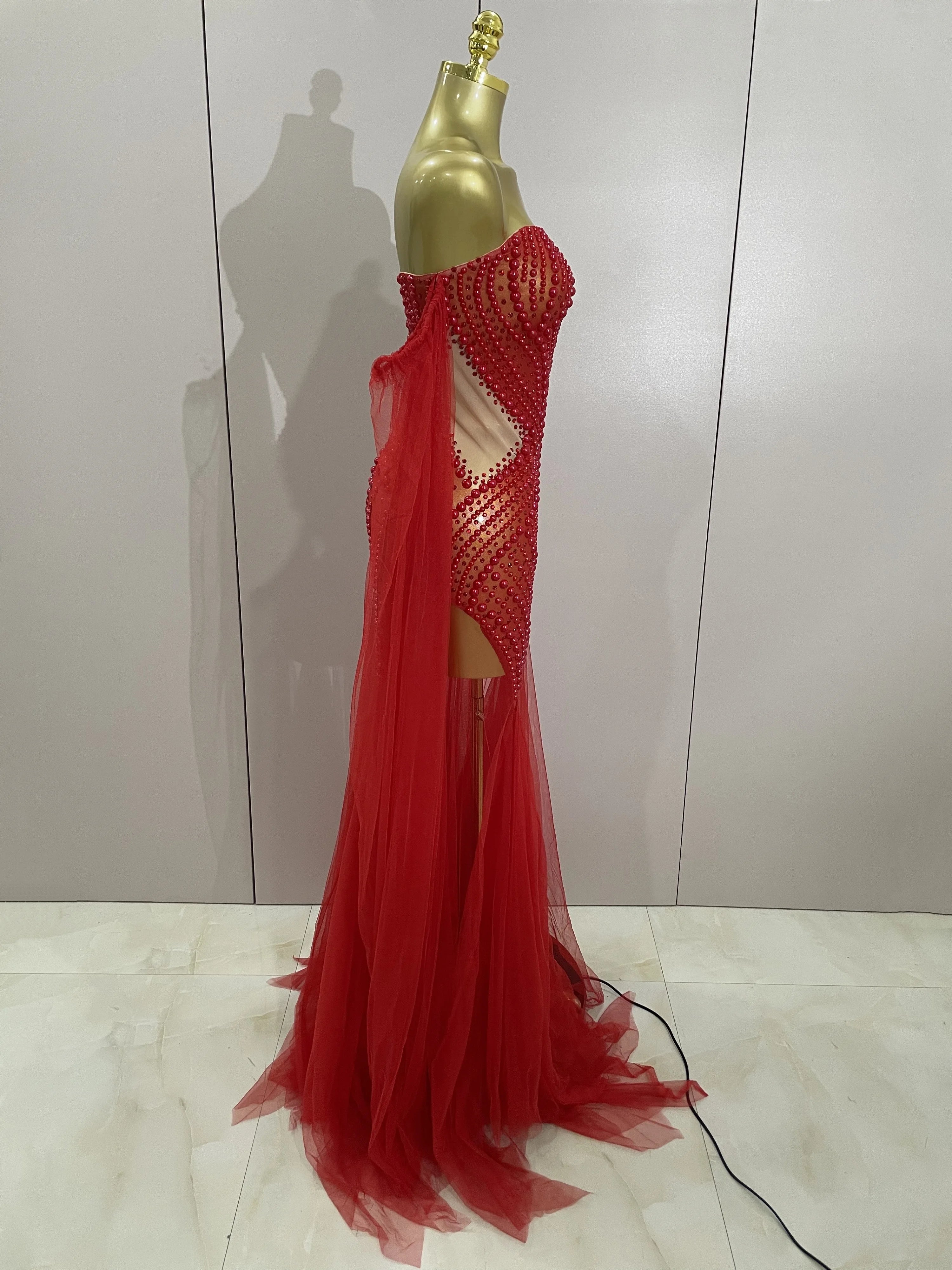 Elegant Sparkly Rhinestone White Pearl Sexy Strapless Mesh Long Dress Wedding Guest Gowns Luxury Birthday Evening Party Dress