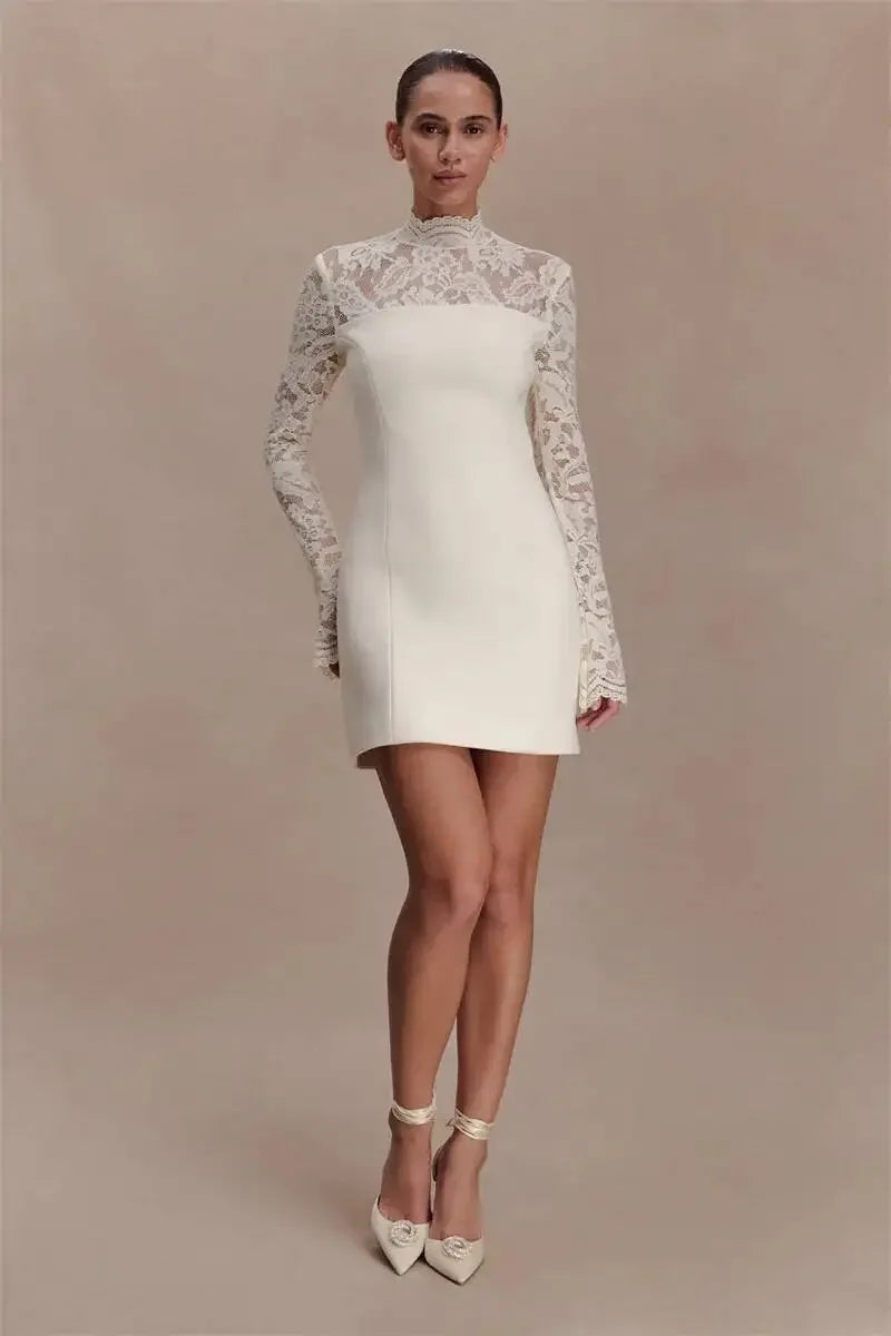 Women Elegant Lace Patchwork Sexy Mini Dress Fashion High Neck Long Flare Sleeve Backless Bodycon Club Party Dresses