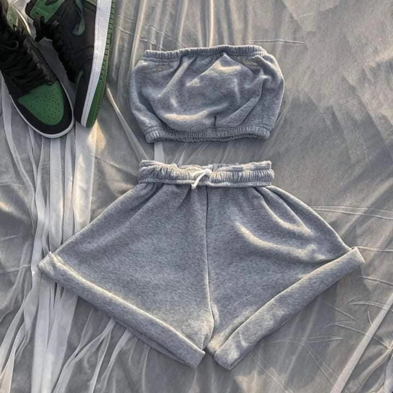 Thin Summer New Solid Color Lace Up Tracksuits Women Sleeveless Backless Tube And Shorts Two Piece Sets Casual 2pcs Outfits
