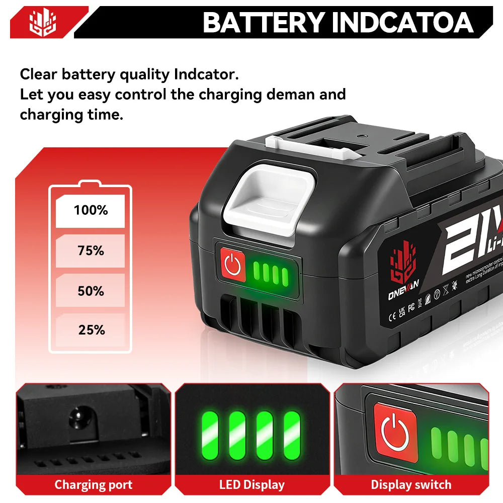 ONEVAN 15000mAh 22500mAh Lithium Ion Battery Rechargeable Battery With Charger Electric Wrench Power Tool For Makita 21V Battery Pin Tool