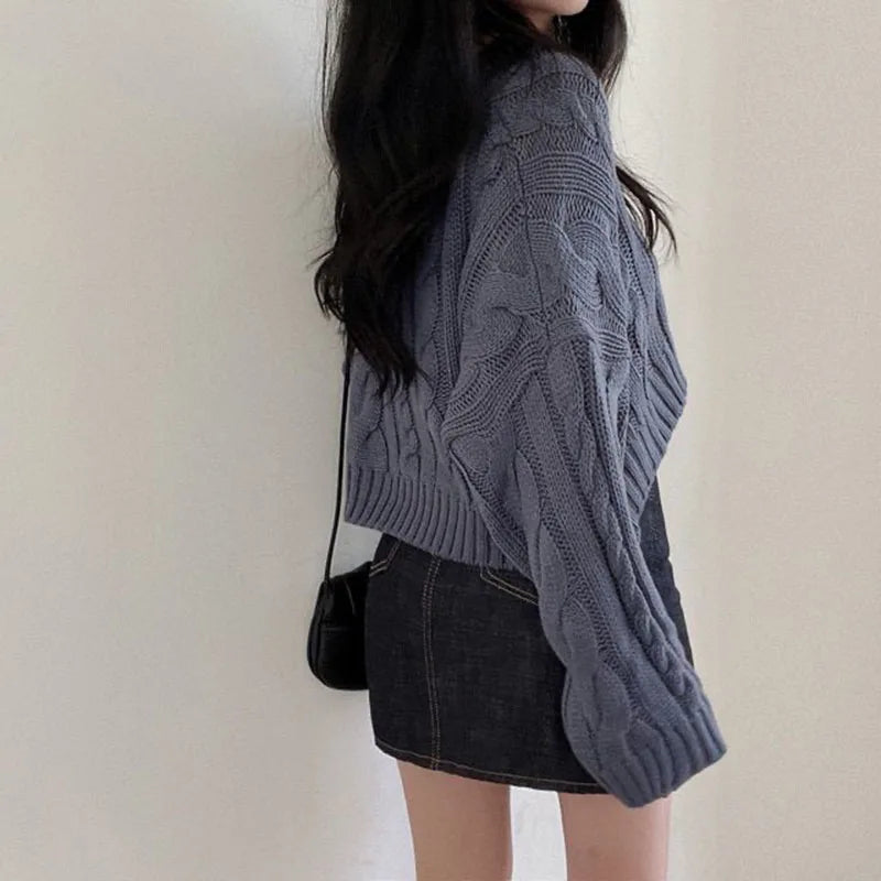 Vintage Twist Cropped Sweater Pullover Women Autumn Winter Loose V-Neck Knitted Jumper Lazy Style Classic Long Sleeve Knitwear