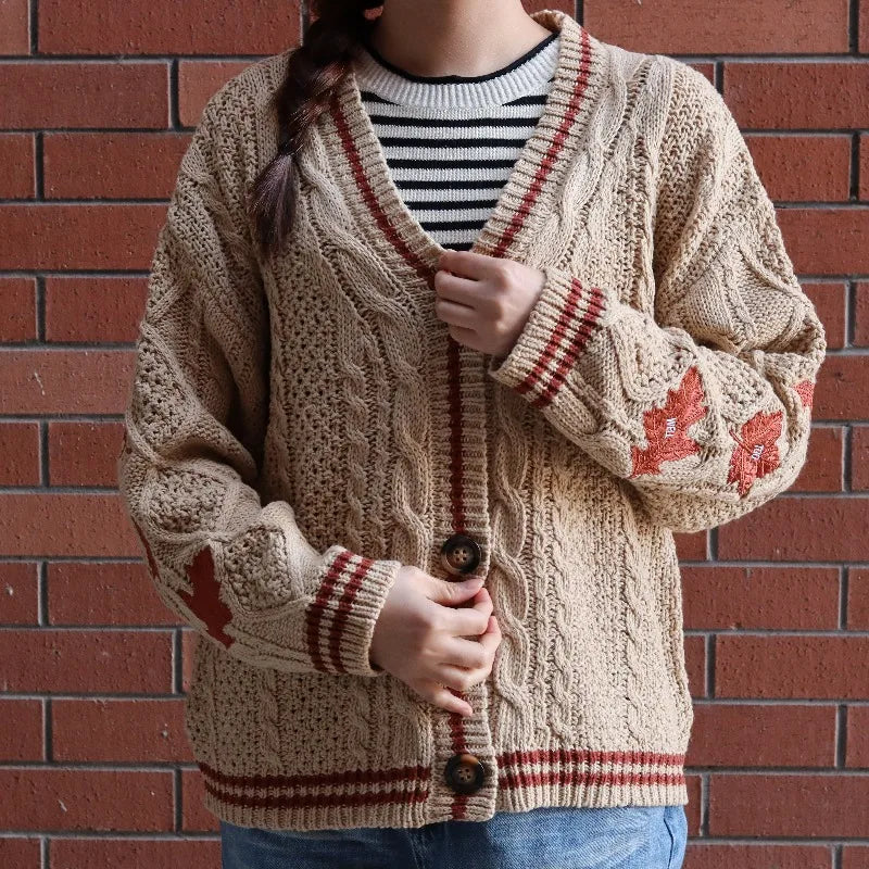Autumn Leaves Knitted Cardigan Women Red Maple Leaf Embroidered Oversized Cardigan Folklore Girl Fall Winter Low V-neck Sweater
