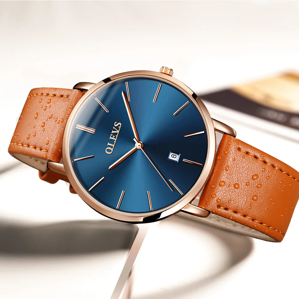 Top Brand OLEVS Ultra Thin 6.5mm Minimalist Fashion Quartz Watch for Men Leather Strap Auto Date Male Waterproof Mens Wristwatch