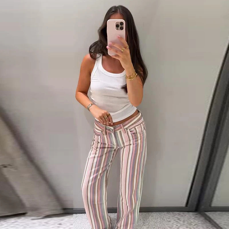 Color Vertical Stripe Women's Wide Leg Pants Folded Wide Waistband Side Thin Drawstring Tie Relaxed Drape Length Casual Pants