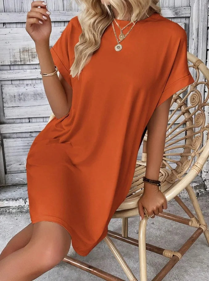 New women's spring and summer fashionable temperament casual commuting solid color round neck loose short sleeved pocket dress