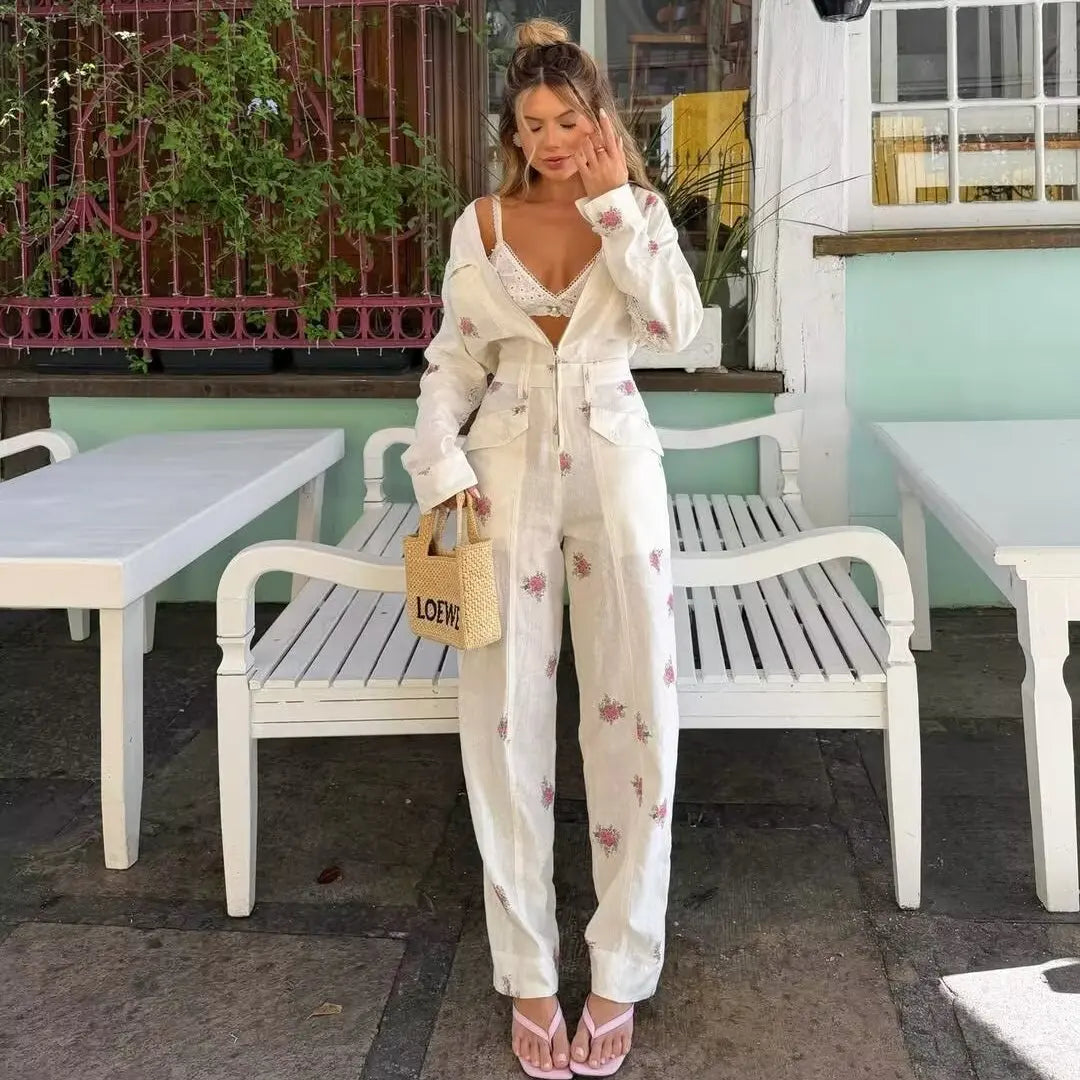 Early Autumn New Fashion Design Printed Long Sleeve V-Neck Zipper Onesie Women's High Waist Straight Leg Pants Suit