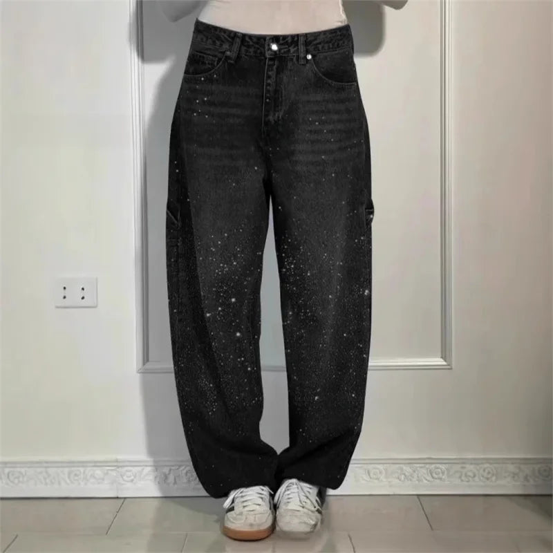 Sexy High Waist Straight Leg Women's Jeans Diamond Washed Cotton Blend Long Pants Trendy Fashionable Ladies Premium Denim