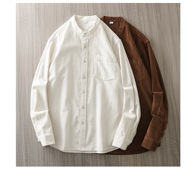 DUKEEN Corduroy Stand Collar Long Sleeve Shirt for Men 100% Cotton Spring and Autumn Casual Men's Clothing