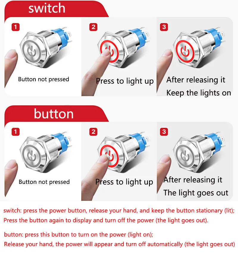 5PCS Metal Push Button Switch 12/16/19/22mm Momentary Latching Electric On/Off Power Start/Stop LED Light 5V 12V 220V Red Blue