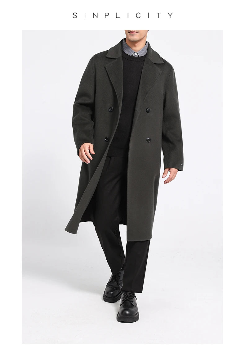 Men's 100% Cashmere Thick Double-Sided Extended Coat, Classic and Versatile Fashion for Business and Leisure