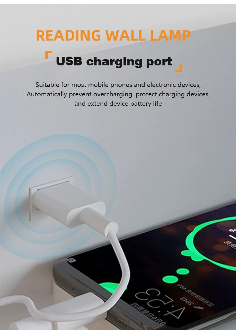 Multi functional wall lamp with switch, USB interface, LED mobile phone wireless charger, reading wall lamp, bedroom night light