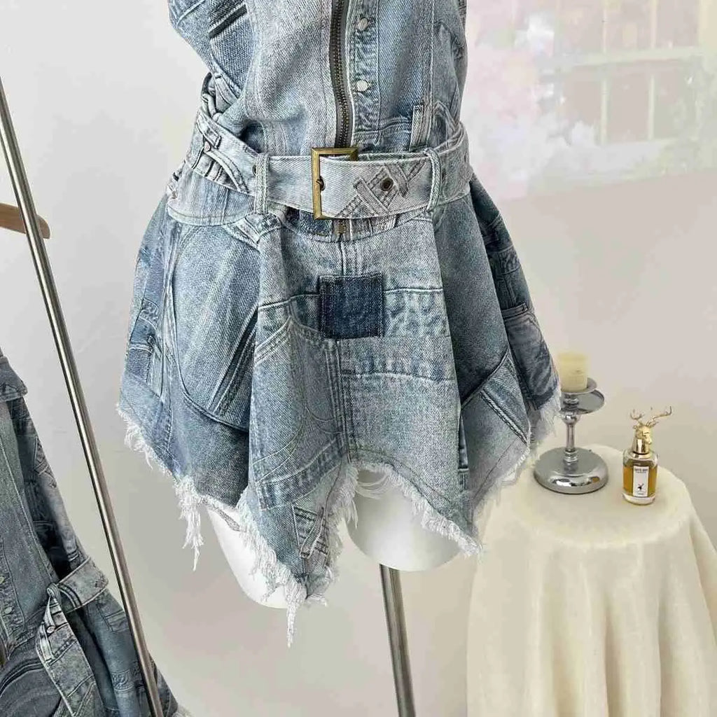 American Denim Waist-cinching Halter Neck Backless Sexy Casual Dress for Women, Distressed Retro Spliced Short Skirt