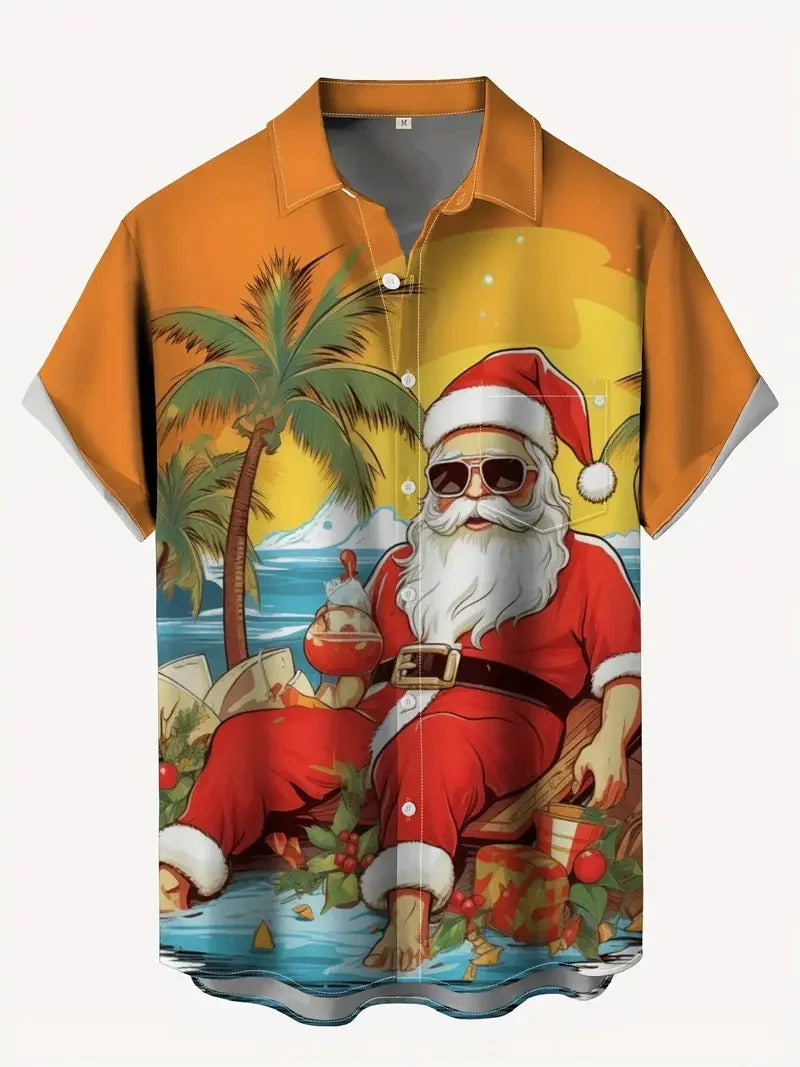 Men's Christmas Santa Beach Vacation Shirts 3D Print Casual Short Sleeve Button Up Hawaiian Shirts Blouse For Men Aloha Shirt