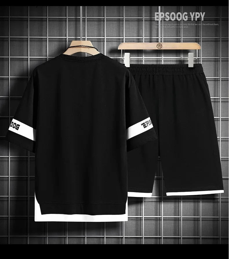 2024 Summer Black White Tracksuits For Men's Set Sleeves T-Shirt + Shorts Sportswear Brand Sporting Suit Oversize 5XL