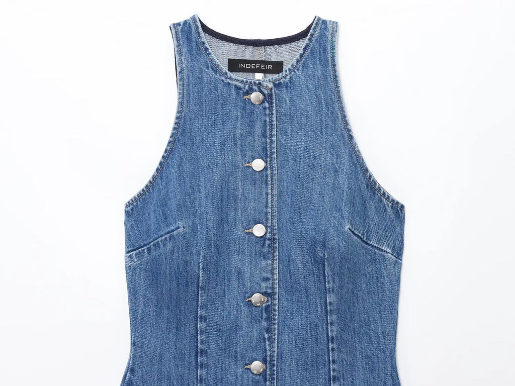 Women Denim Short Dress Round Neck Sleeveless Vest Style Single Breasted Design Solid Color Simple Daily Casual Versatile Dress