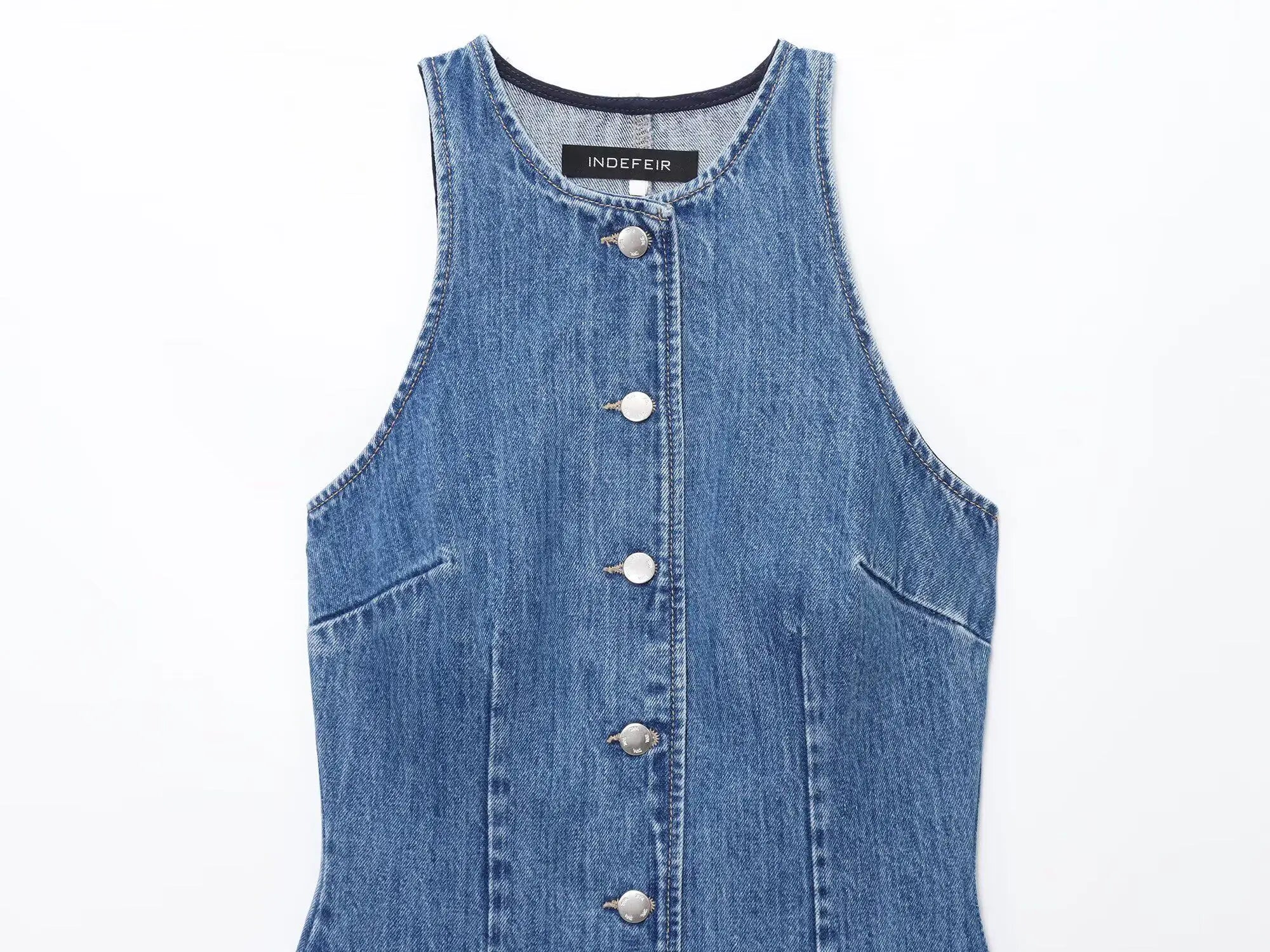 Women Denim Short Dress Round Neck Sleeveless Vest Style Single Breasted Design Solid Color Simple Daily Casual Versatile Dress