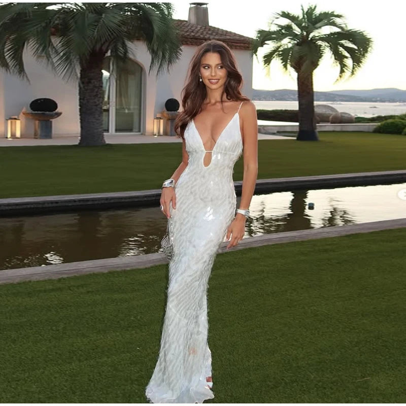 Women Sequin Sling Maxi Dress V-neck Solid Backless High Waist Sleeveless Dresses 2025 Fashion New Summer Lady Party Robes