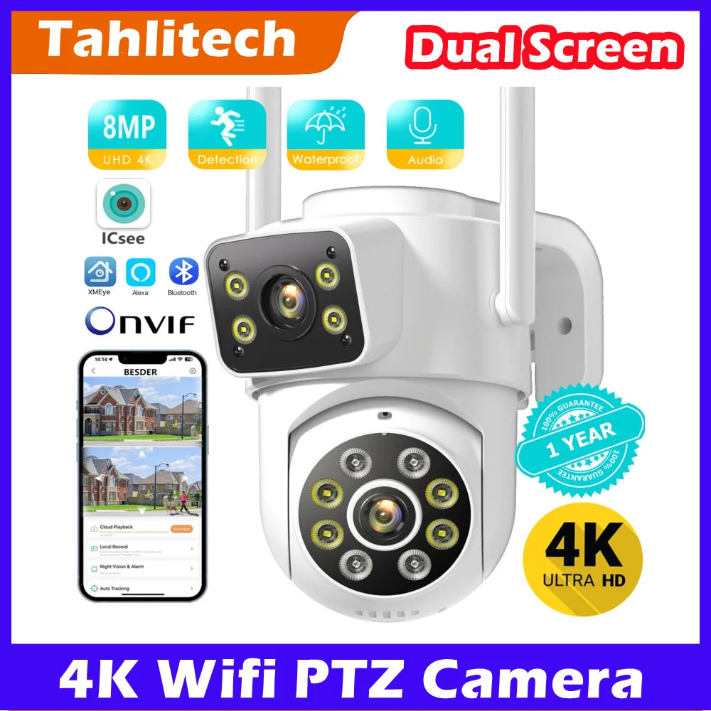 8MP WiFi Camera PTZ Dual Screens Auto Tracking Night Vision CCTV Surveillance Camera Outdoor 4MP Security IP Camera icsee