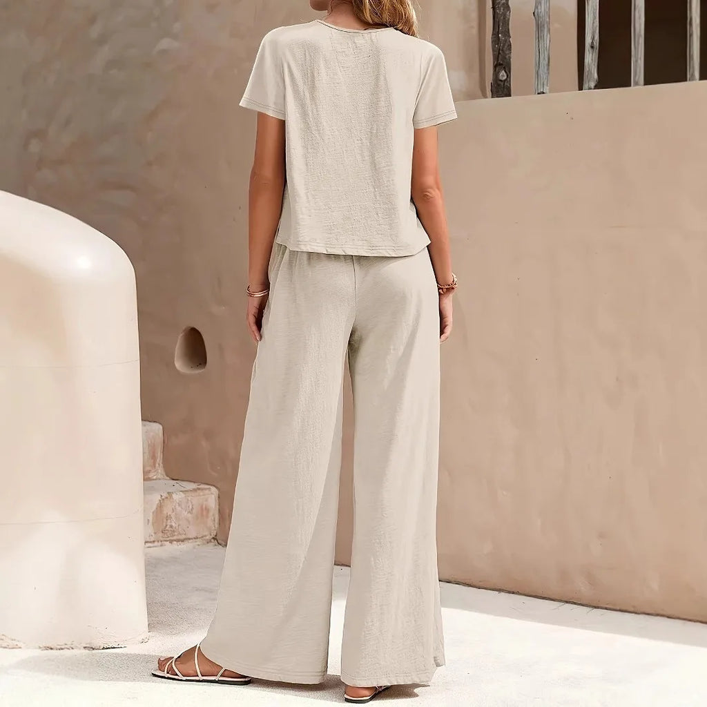 2026 New Solid Green Women Loungewear Set Round Neck Crop Short Sleeve Top Elastic Waist Wide Leg Pants Casual Two Piece Pajamas