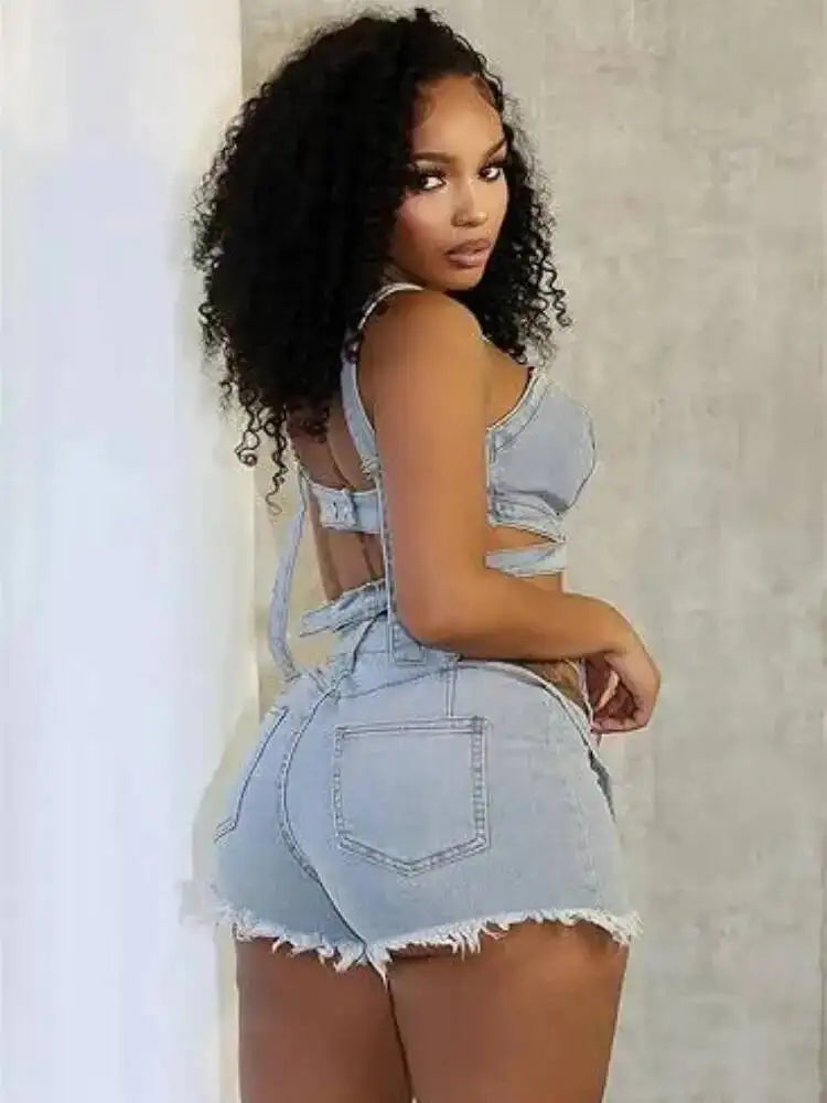 Fashion Denim Cutout Women's Set Wrap Strap Crop Top And Shorts Jeans  Summer Two 2 Piece Sets Outfits Tracksuit