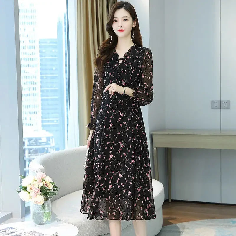 Woman Dress Summer Autumn New Long Sleeve Small Floral Chiffon Dress Dress Vestido De Mujer