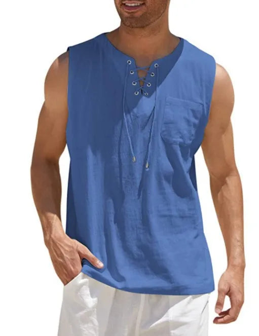 New 2026 Men's Casual Cotton Linen Tank Tops Men Drawstring V Neck Sleeveless Shirts Summer Casual Shirt Gym Fitness Vest Tops