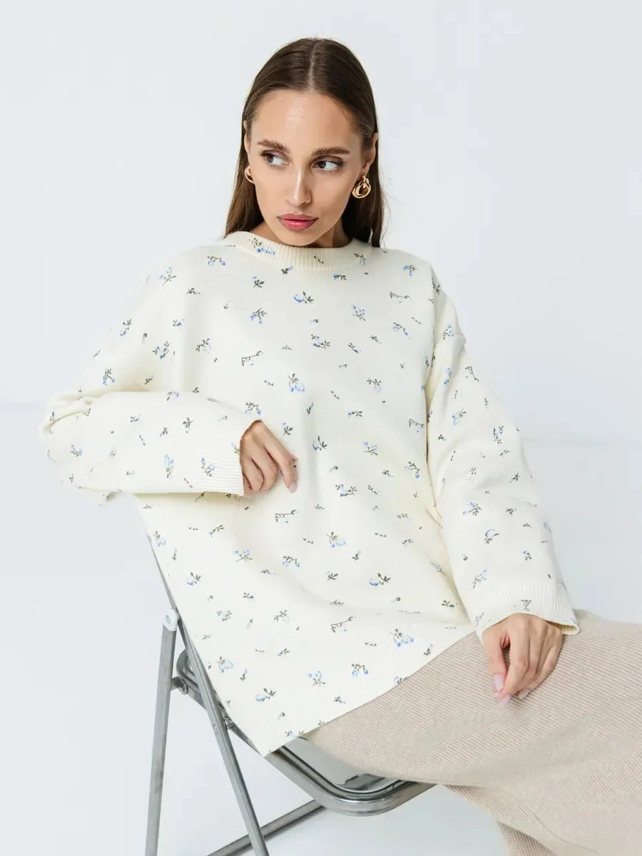 Women's Cream White Floral Print Longline Knit Sweater Crew Neck Relaxed Fit Cardigan with Flowers Fall Winter Boho Chic