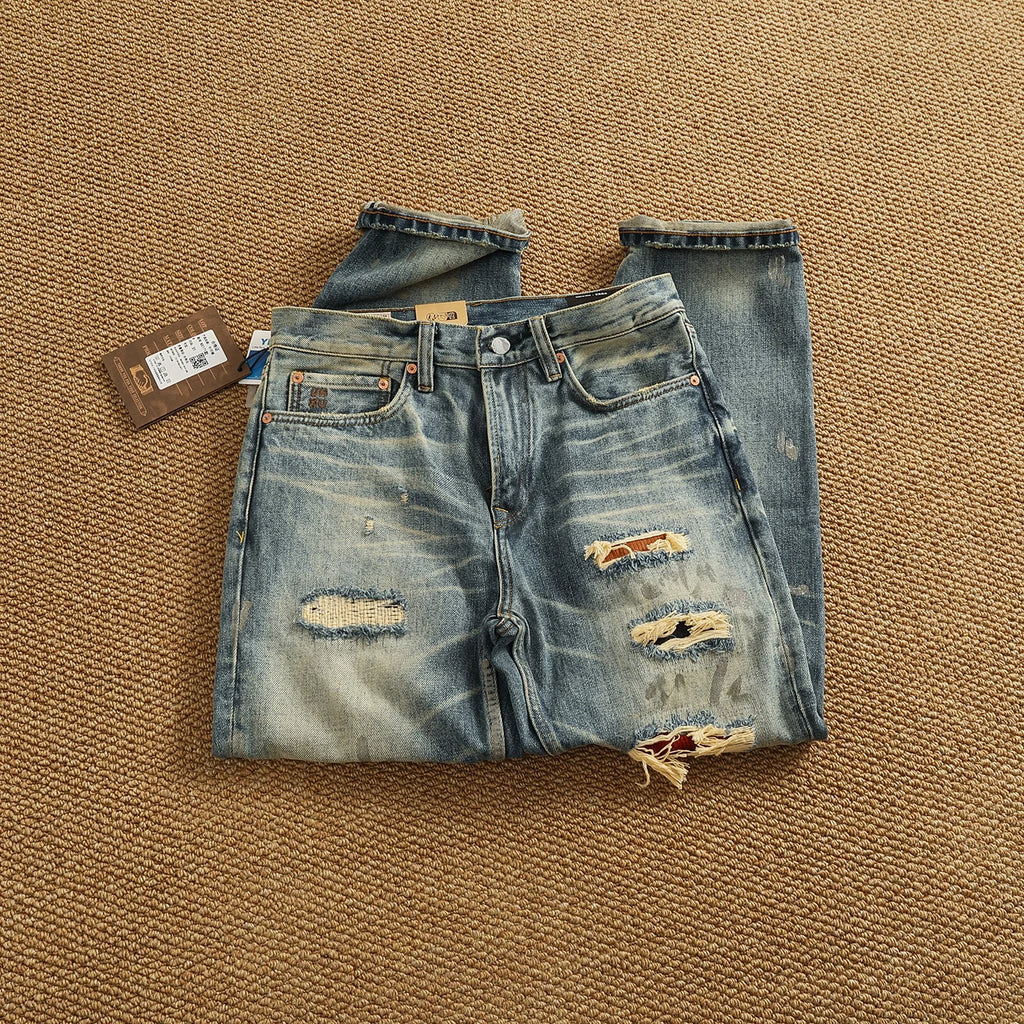 2025 Autumn New American Retro Heavyweight Ripped Denim Men's Fashion 100% Cotton Washed Old Straight Tapered Casual Jeans