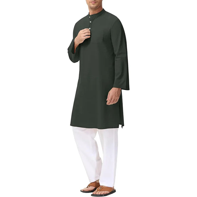 2025 New Fashion Men's Cotton Long Sleeve Stand Collar Knee Length Casual Trendy Solid Color Jubba Thobe Male Muslim Clothes