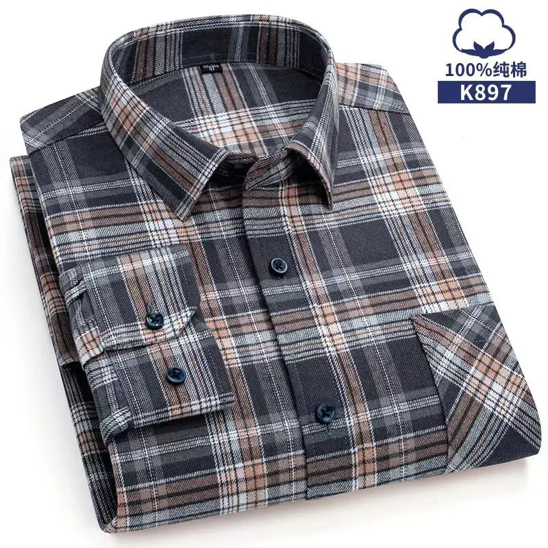 Pure Cotton Men's Plaid Shirt Long Sleeve Regular Fit Men Casual Oversized Shirt Leisure Autumn Spring Male Blouse New Plus Size